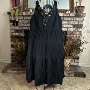 Y2k Silhouette Black Stretchy Tiered Midi Dress With Gold Embellished V-Neck